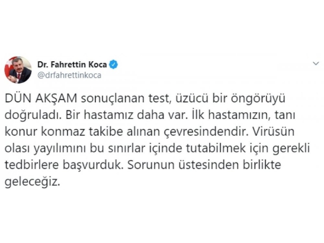 TÜRKİYE'DE 2'NCİ KORONA VAKASI