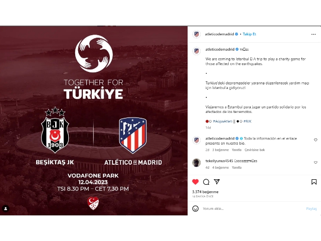 ATLETİCO MADRİD VE BEŞİKTAŞ DEPREMZEDELER İÇİN SAHADA